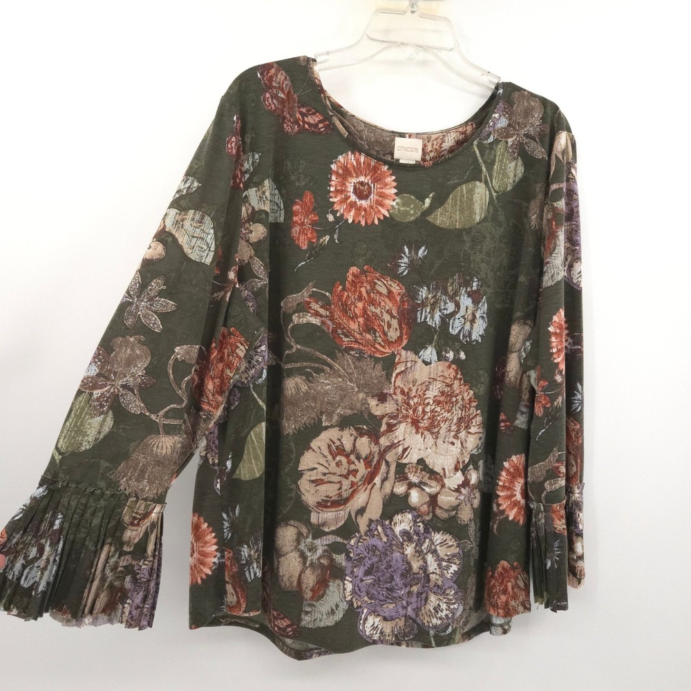 Chico's Blouse Women Size 4 (XXL) Olive Green Floral Pleated Bell Sleeve Top